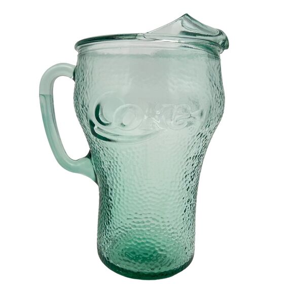 Coca Cola Pitcher 64 oz Fluted Ice Spout Vintage 70s Green Heavy Pebbled Glass - Picture 3 of 11